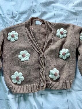 Chunky Taupe Floral Appliqué Cardigan Sweater